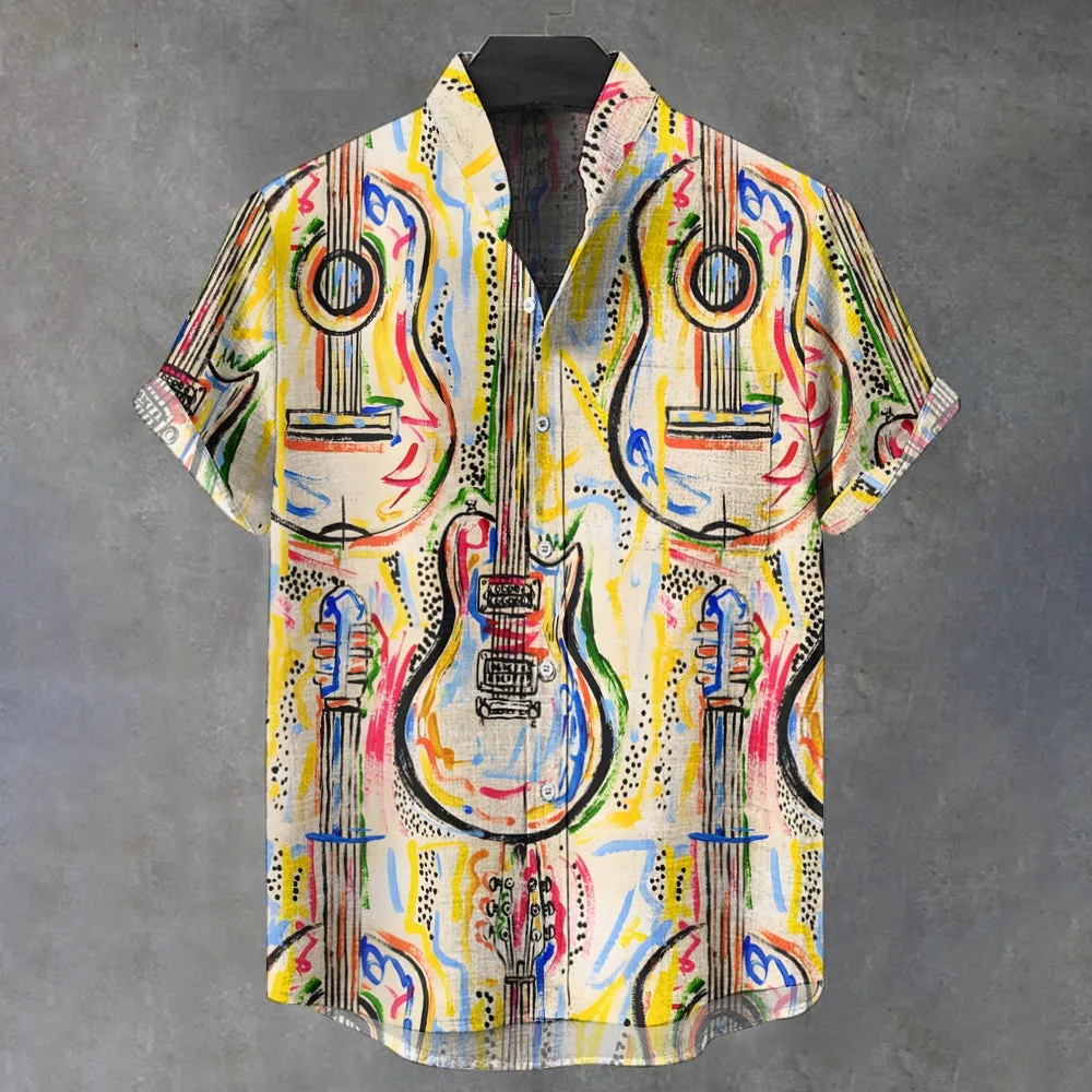 Guitar Music Linen Stand Collar Short Sleeve Shirt 2409010198