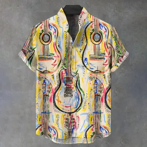 Guitar Music Linen Stand Collar Short Sleeve Shirt 2409010198