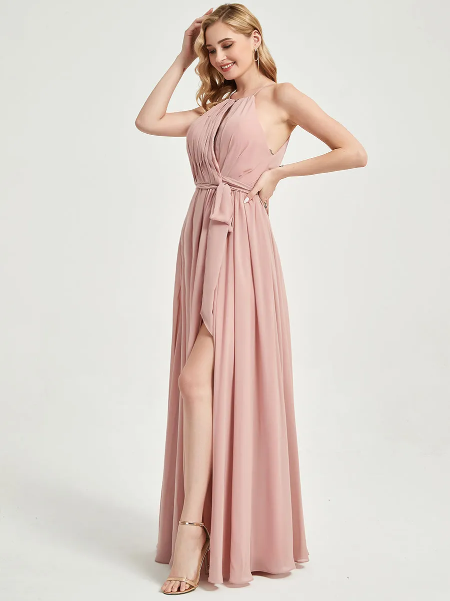 Halter Neck Slit Wrap Vintage Mauve Chiffon Bridesmaid Dress Maxi