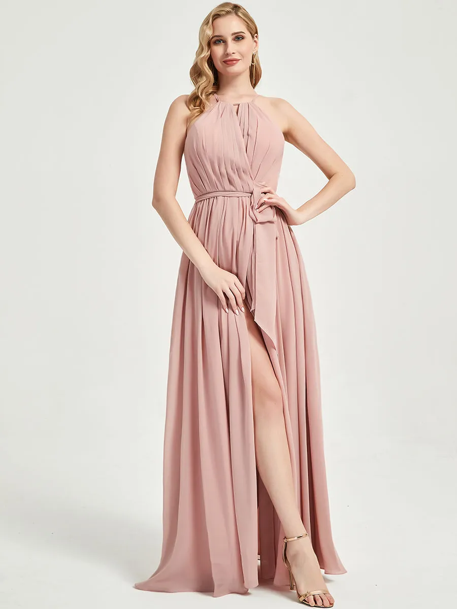 Halter Neck Slit Wrap Vintage Mauve Chiffon Bridesmaid Dress Maxi