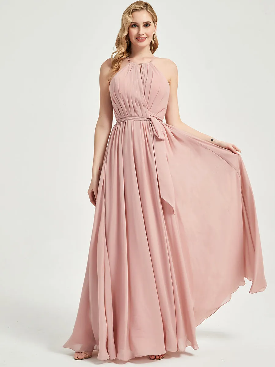 Halter Neck Slit Wrap Vintage Mauve Chiffon Bridesmaid Dress Maxi