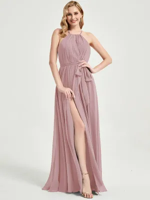 Halter Neck Slit Wrap Vintage Mauve Chiffon Bridesmaid Dress Maxi