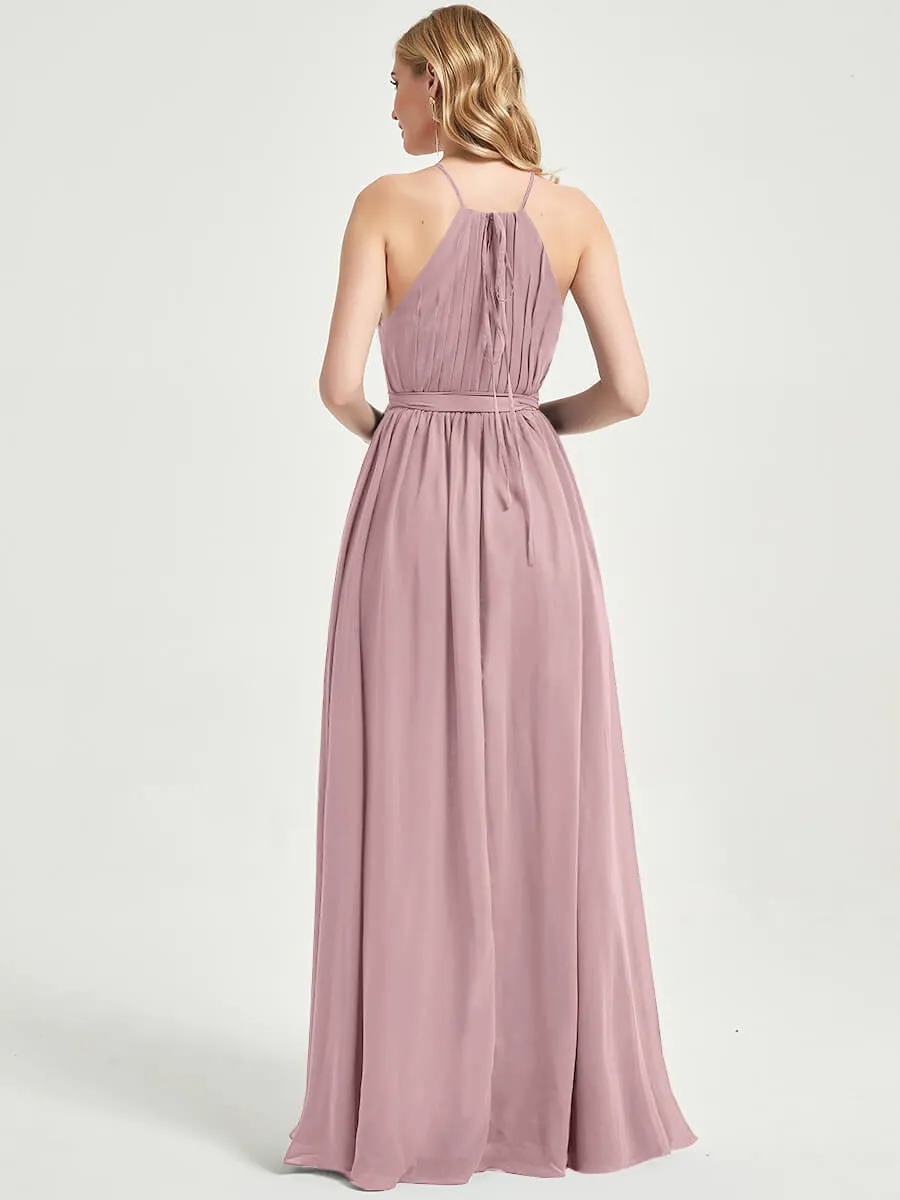 Halter Neck Slit Wrap Vintage Mauve Chiffon Bridesmaid Dress Maxi