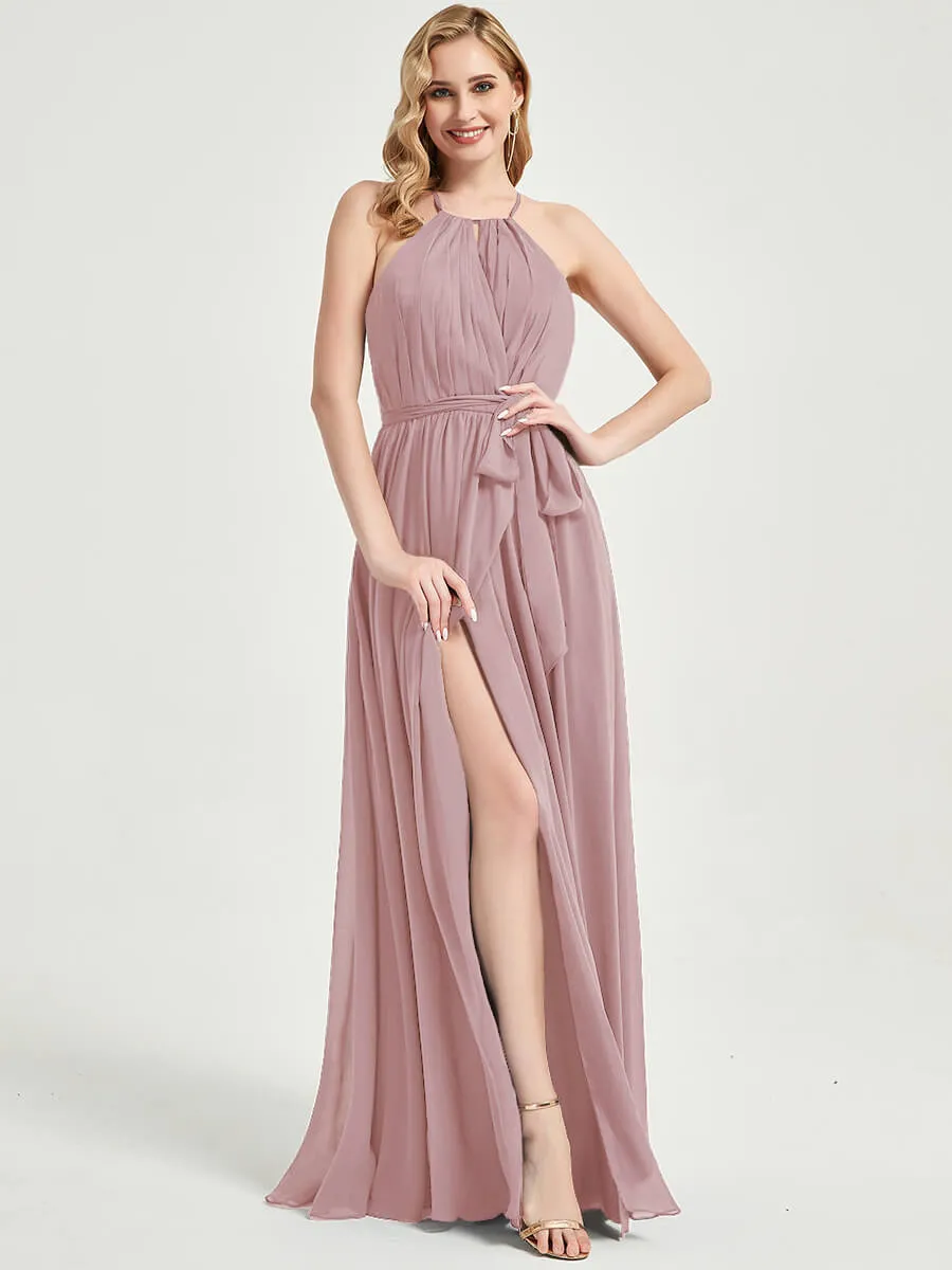 Halter Neck Slit Wrap Vintage Mauve Chiffon Bridesmaid Dress Maxi