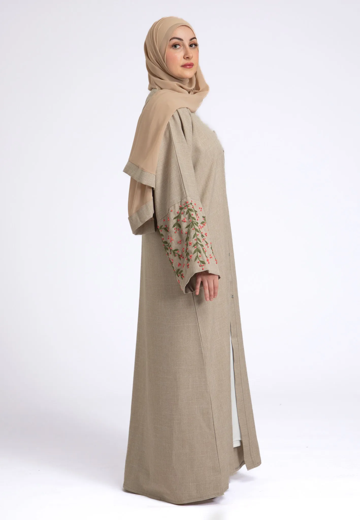 Hand Embroidered Beige Linen Open Abaya