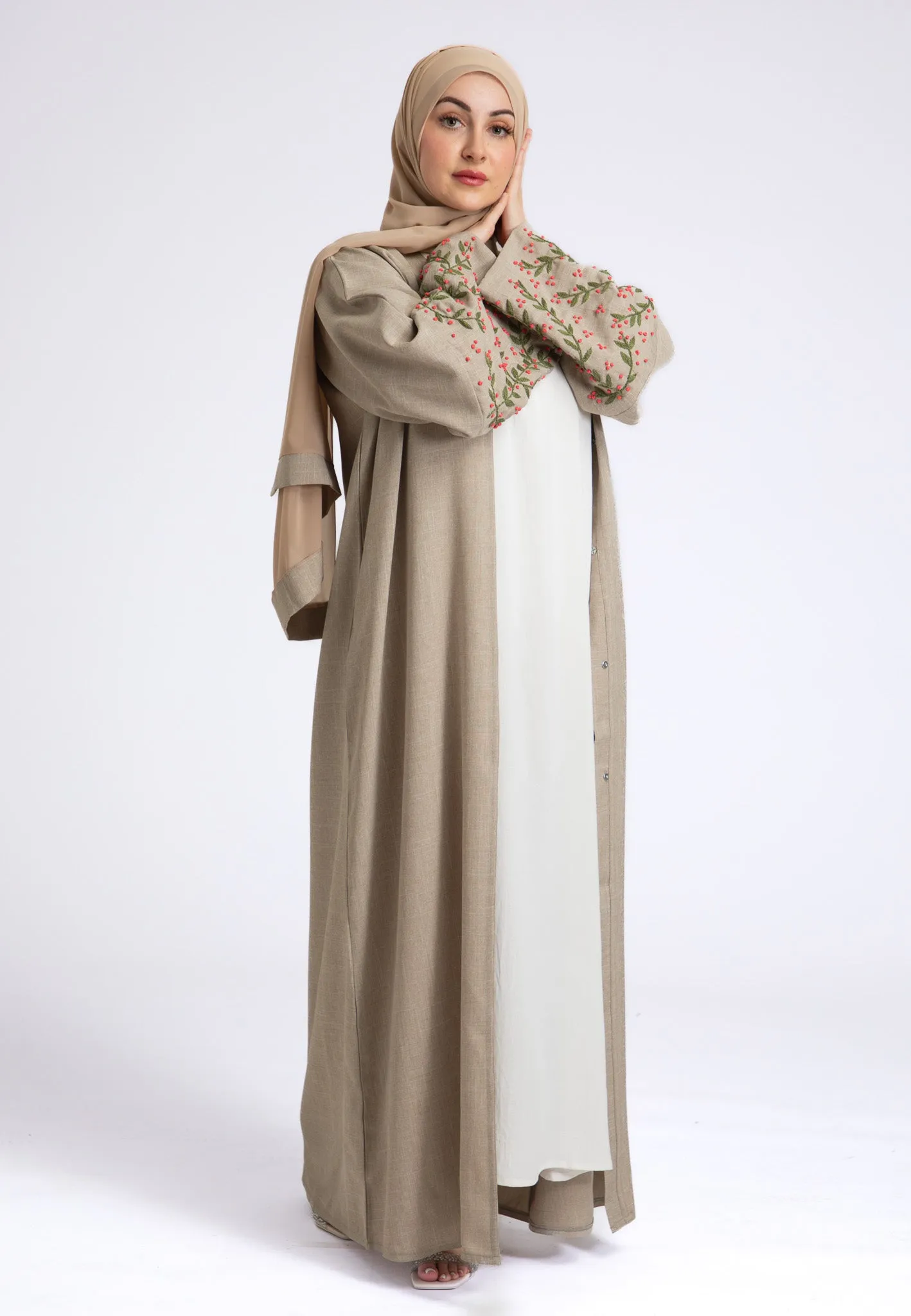 Hand Embroidered Beige Linen Open Abaya