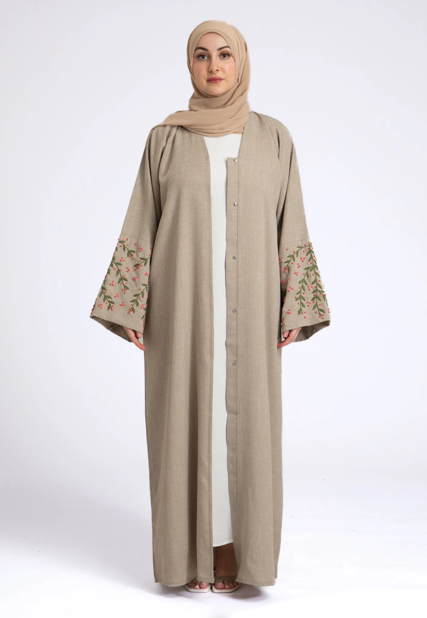 Hand Embroidered Beige Linen Open Abaya