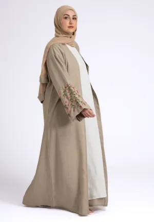 Hand Embroidered Beige Linen Open Abaya