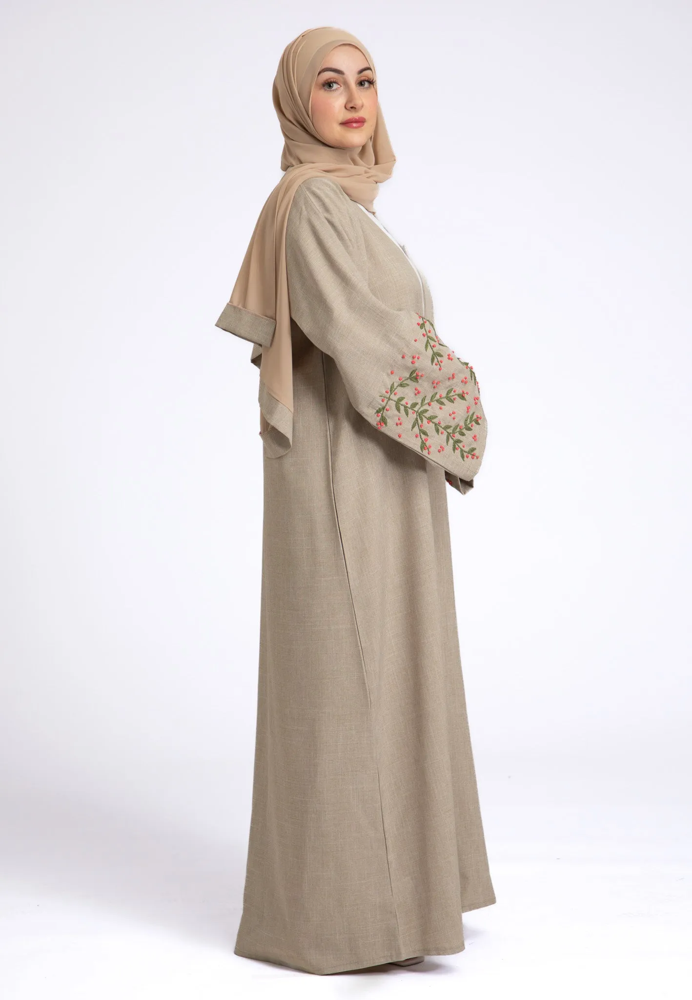 Hand Embroidered Beige Linen Open Abaya