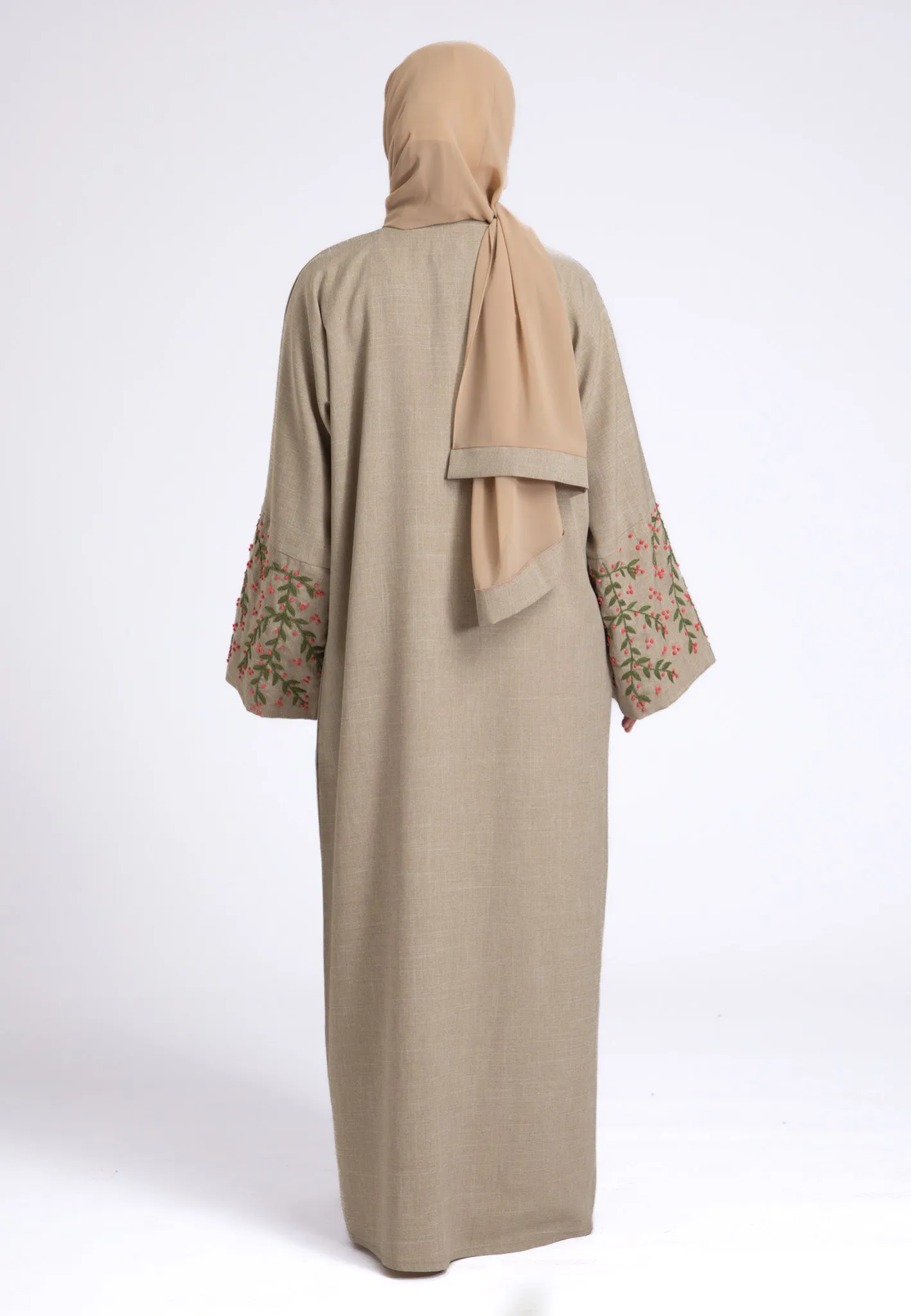 Hand Embroidered Beige Linen Open Abaya