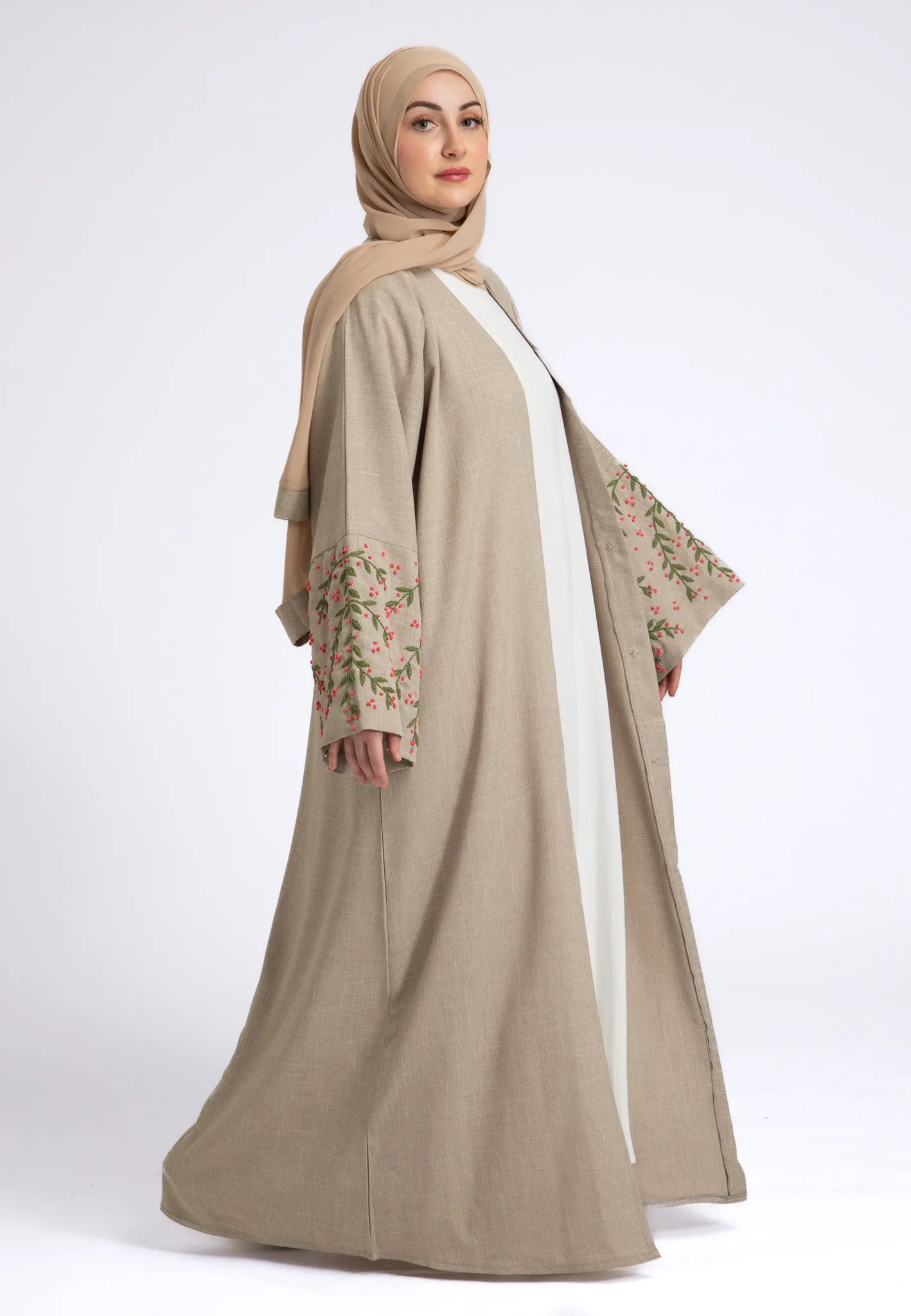 Hand Embroidered Beige Linen Open Abaya