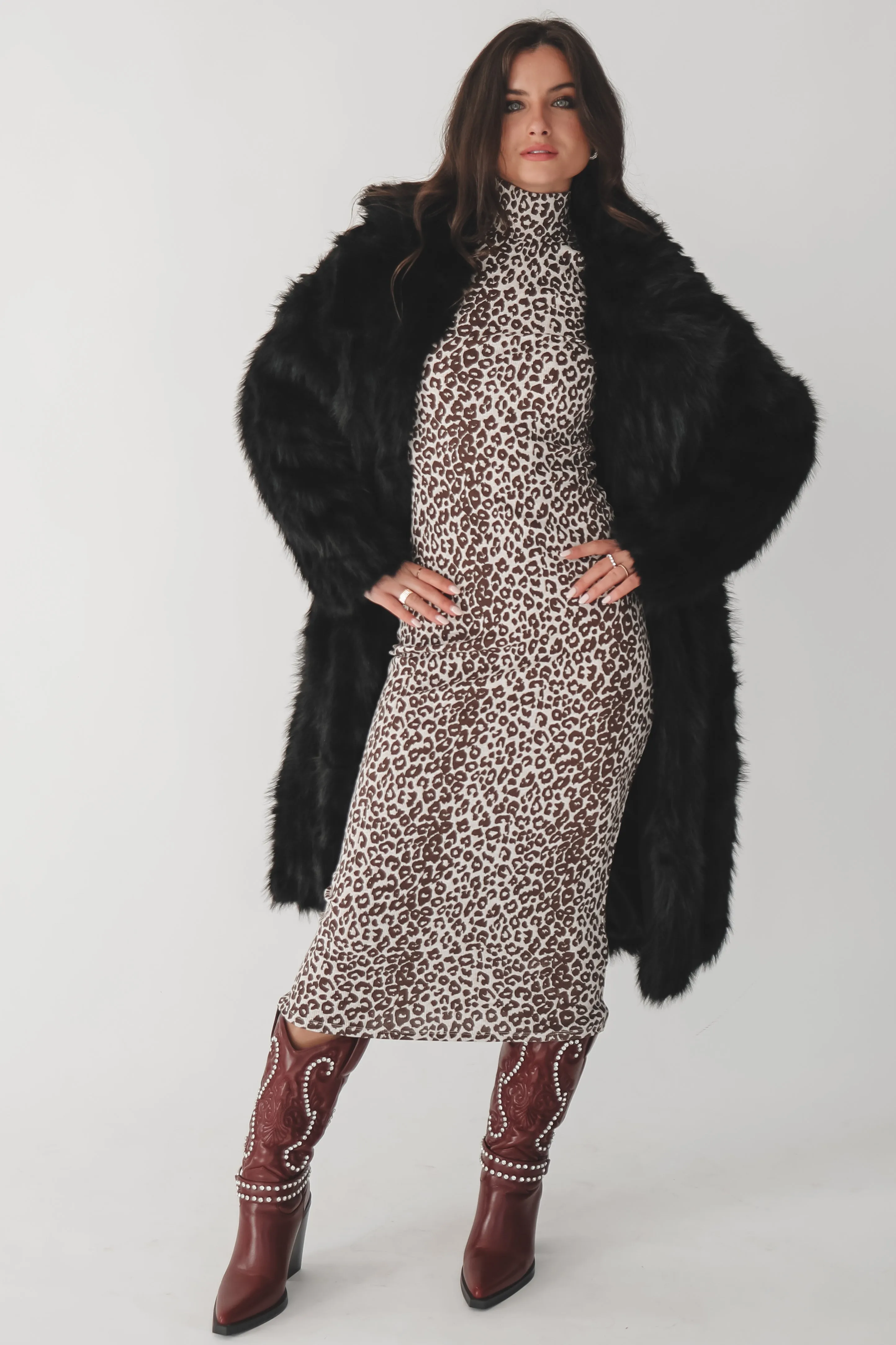 High Class Long Sleeve Leopard Midi Dress
