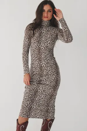 High Class Long Sleeve Leopard Midi Dress