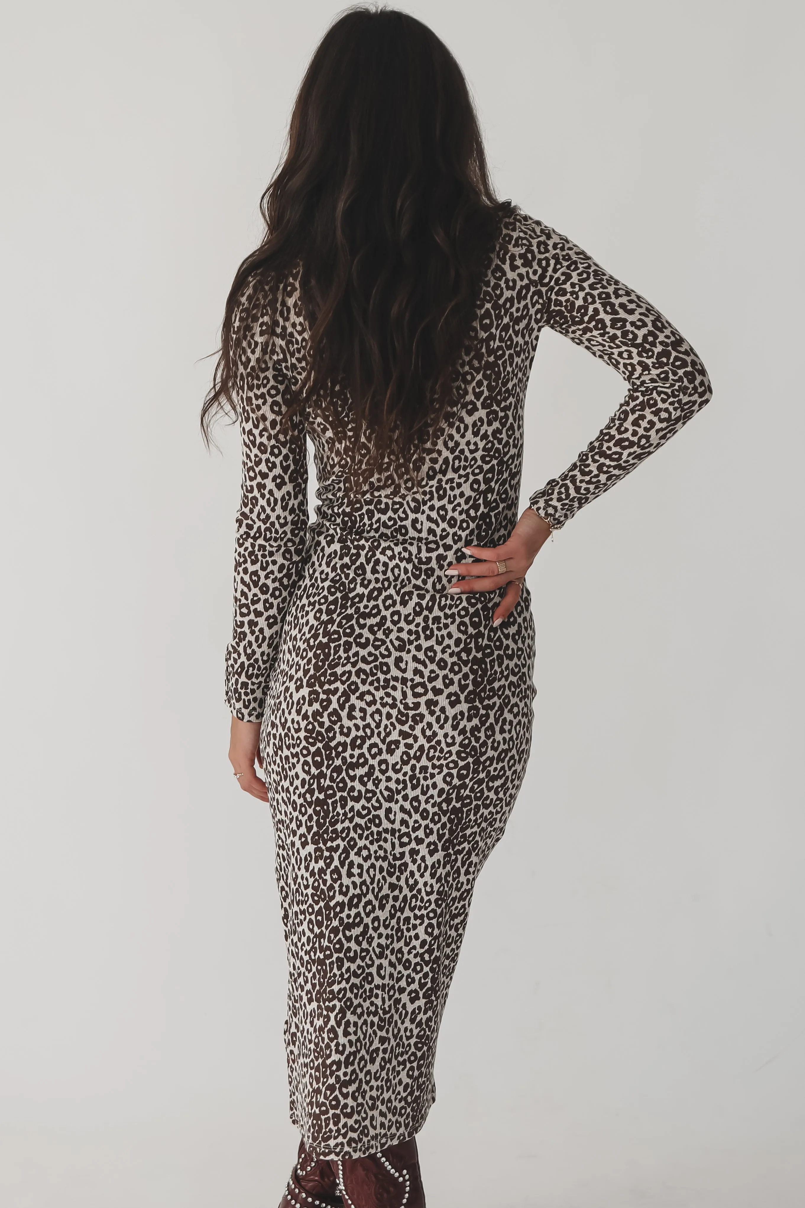 High Class Long Sleeve Leopard Midi Dress