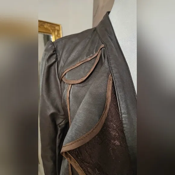 JAK&amp;RAE Vintage Lamb leather cropped tie front brown jacket.Lace details. Size 6