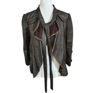 JAK&amp;RAE Vintage Lamb leather cropped tie front brown jacket.Lace details. Size 6