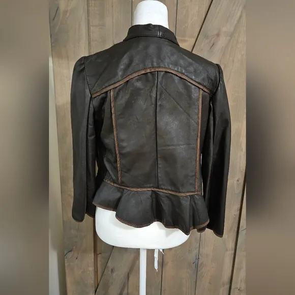 JAK&amp;RAE Vintage Lamb leather cropped tie front brown jacket.Lace details. Size 6