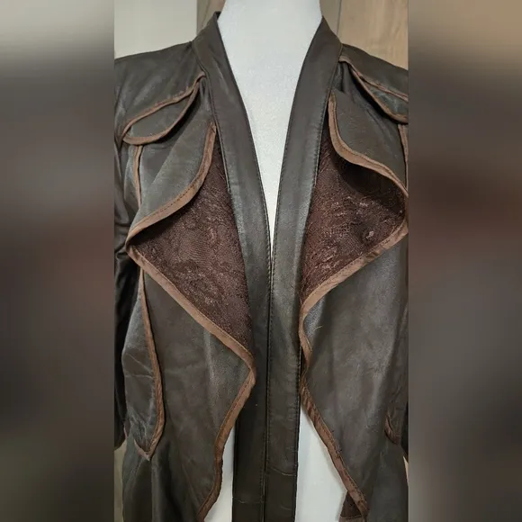 JAK&amp;RAE Vintage Lamb leather cropped tie front brown jacket.Lace details. Size 6