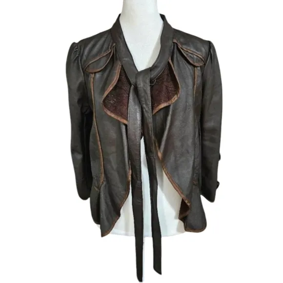 JAK&amp;RAE Vintage Lamb leather cropped tie front brown jacket.Lace details. Size 6