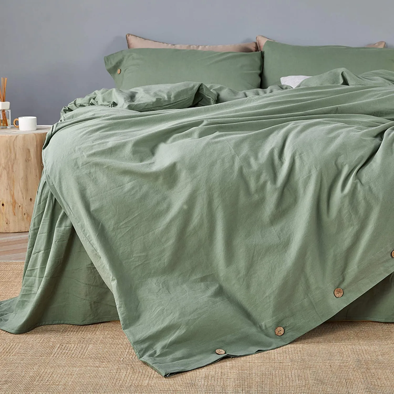 JELLYMONI Green 100% Washed Cotton Duvet Cover Set, 3 Pieces Luxury Soft Bedding Set with Buttons Closure. Solid Color Pattern Duvet Cover King Size