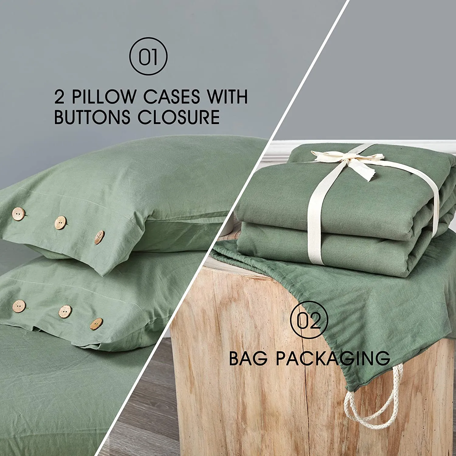 JELLYMONI Green 100% Washed Cotton Duvet Cover Set, 3 Pieces Luxury Soft Bedding Set with Buttons Closure. Solid Color Pattern Duvet Cover King Size