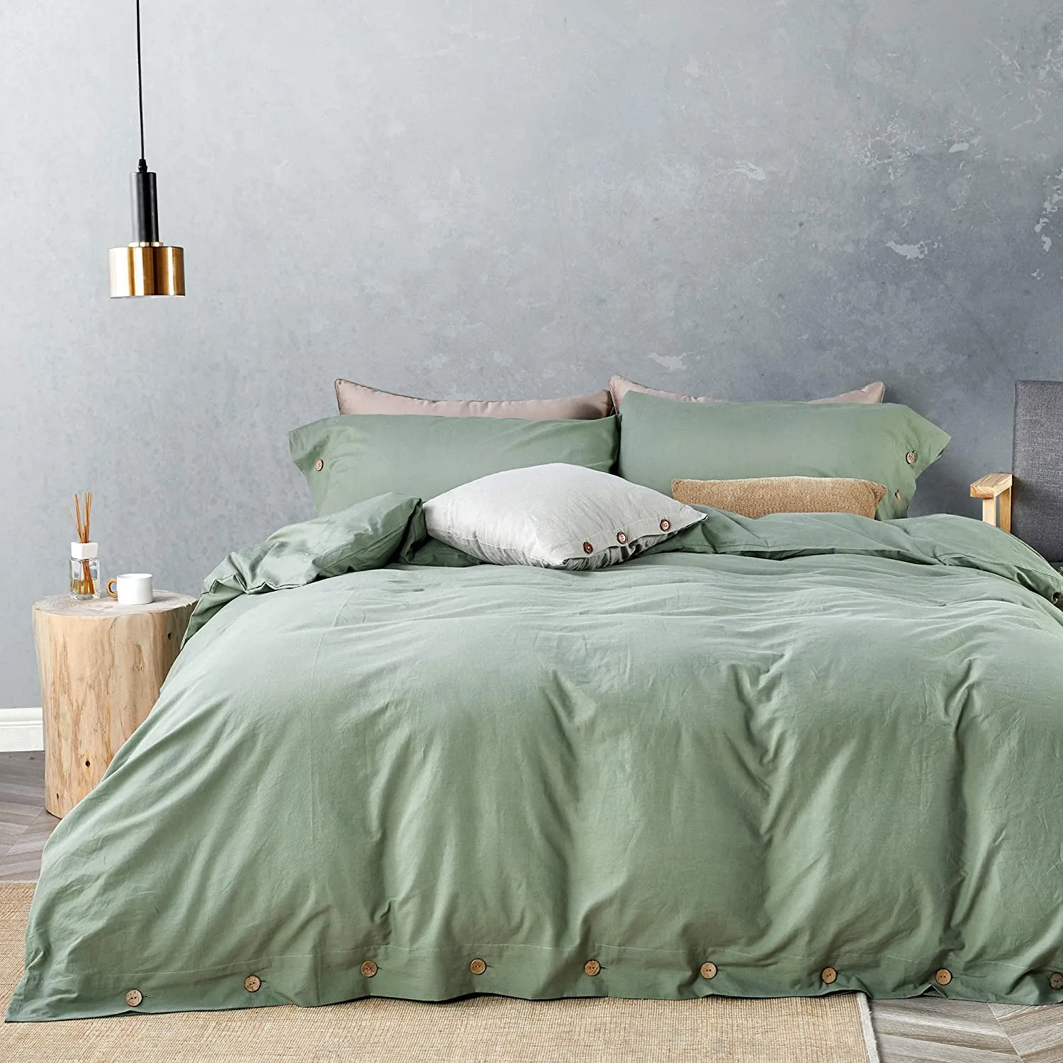 JELLYMONI Green 100% Washed Cotton Duvet Cover Set, 3 Pieces Luxury Soft Bedding Set with Buttons Closure. Solid Color Pattern Duvet Cover King Size
