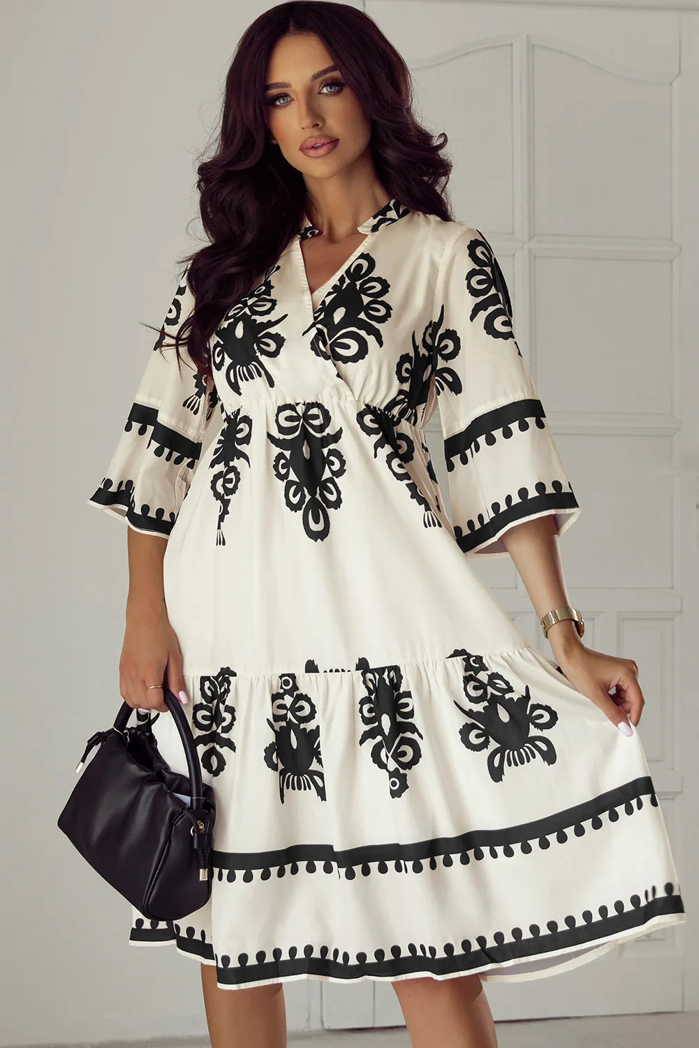 KaleaBoutique Western Geometric Print 3/4 Sleeve Loose Midi Dress