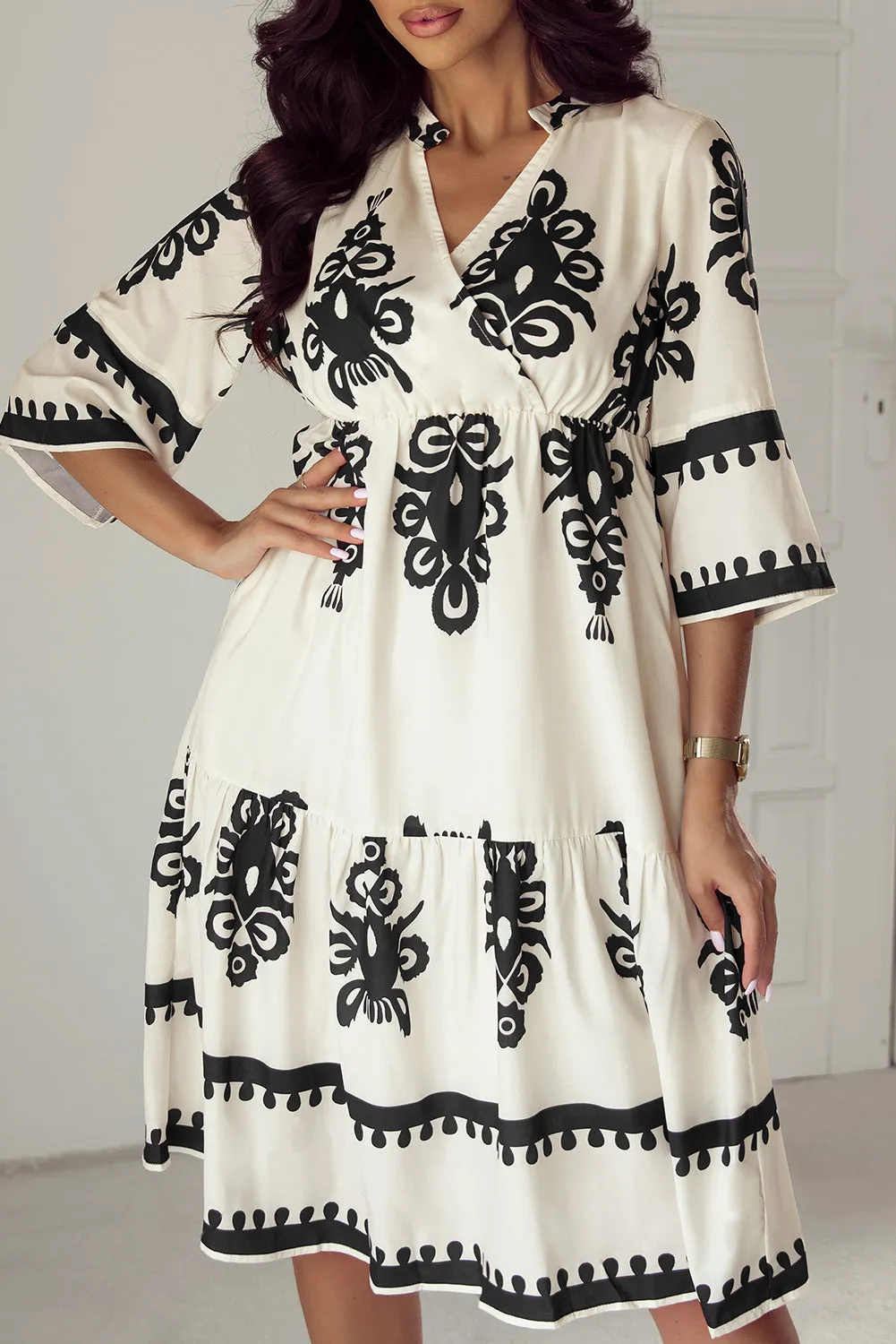 KaleaBoutique Western Geometric Print 3/4 Sleeve Loose Midi Dress