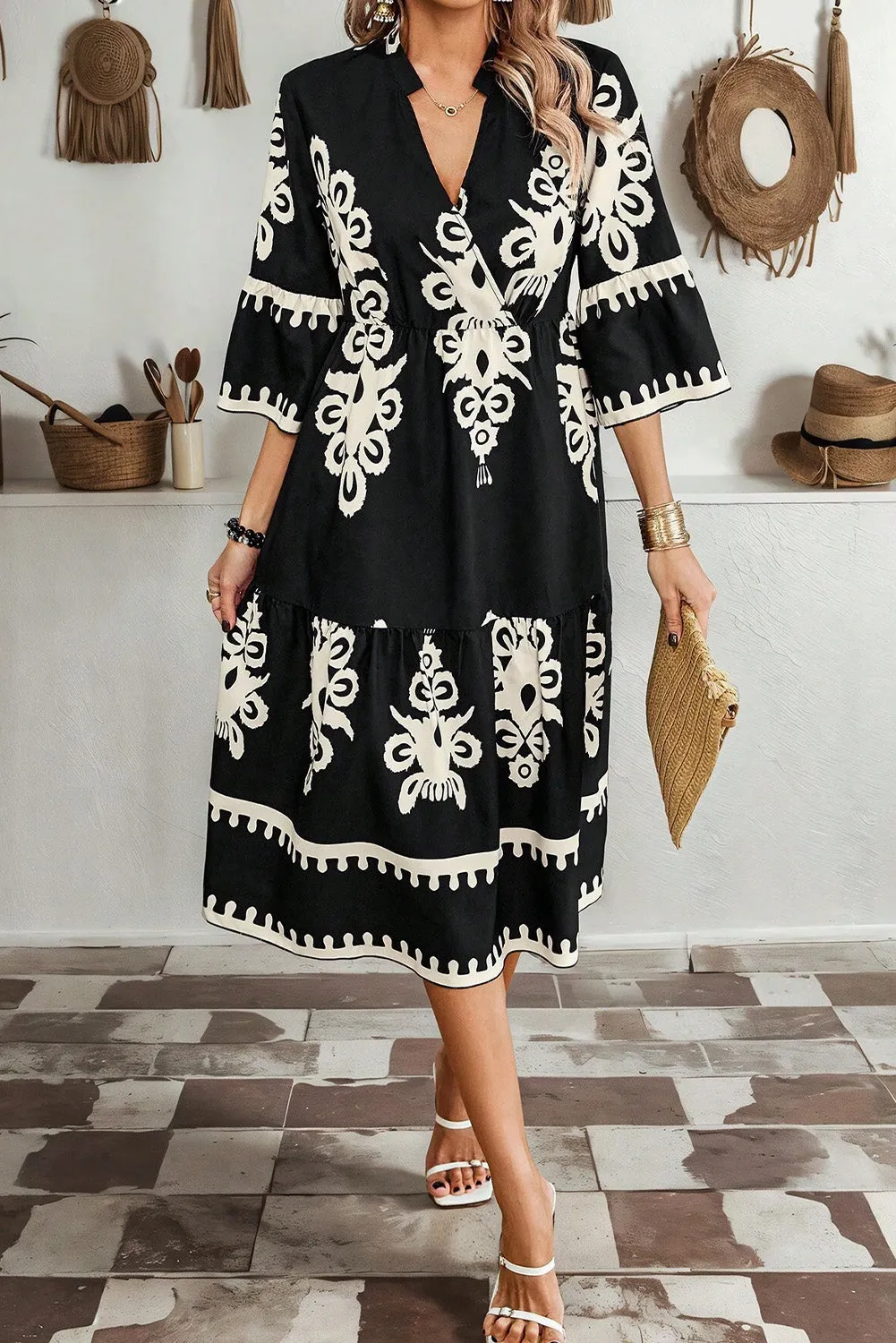 KaleaBoutique Western Geometric Print 3/4 Sleeve Loose Midi Dress