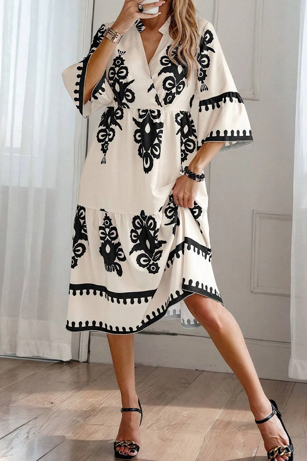 KaleaBoutique Western Geometric Print 3/4 Sleeve Loose Midi Dress