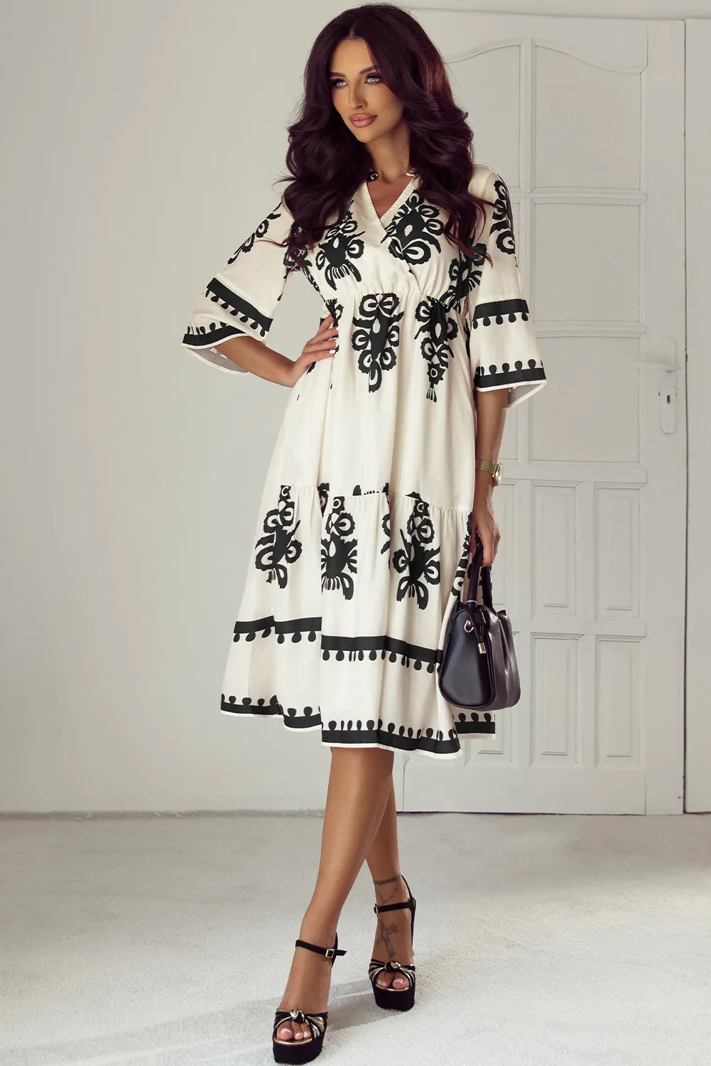 KaleaBoutique Western Geometric Print 3/4 Sleeve Loose Midi Dress