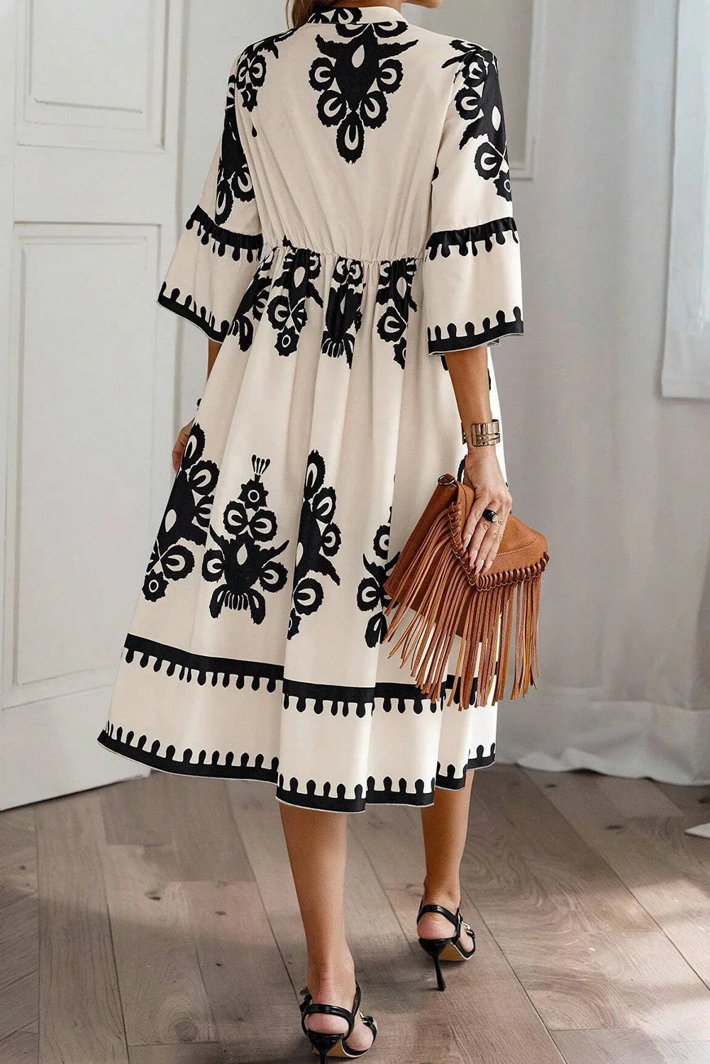 KaleaBoutique Western Geometric Print 3/4 Sleeve Loose Midi Dress