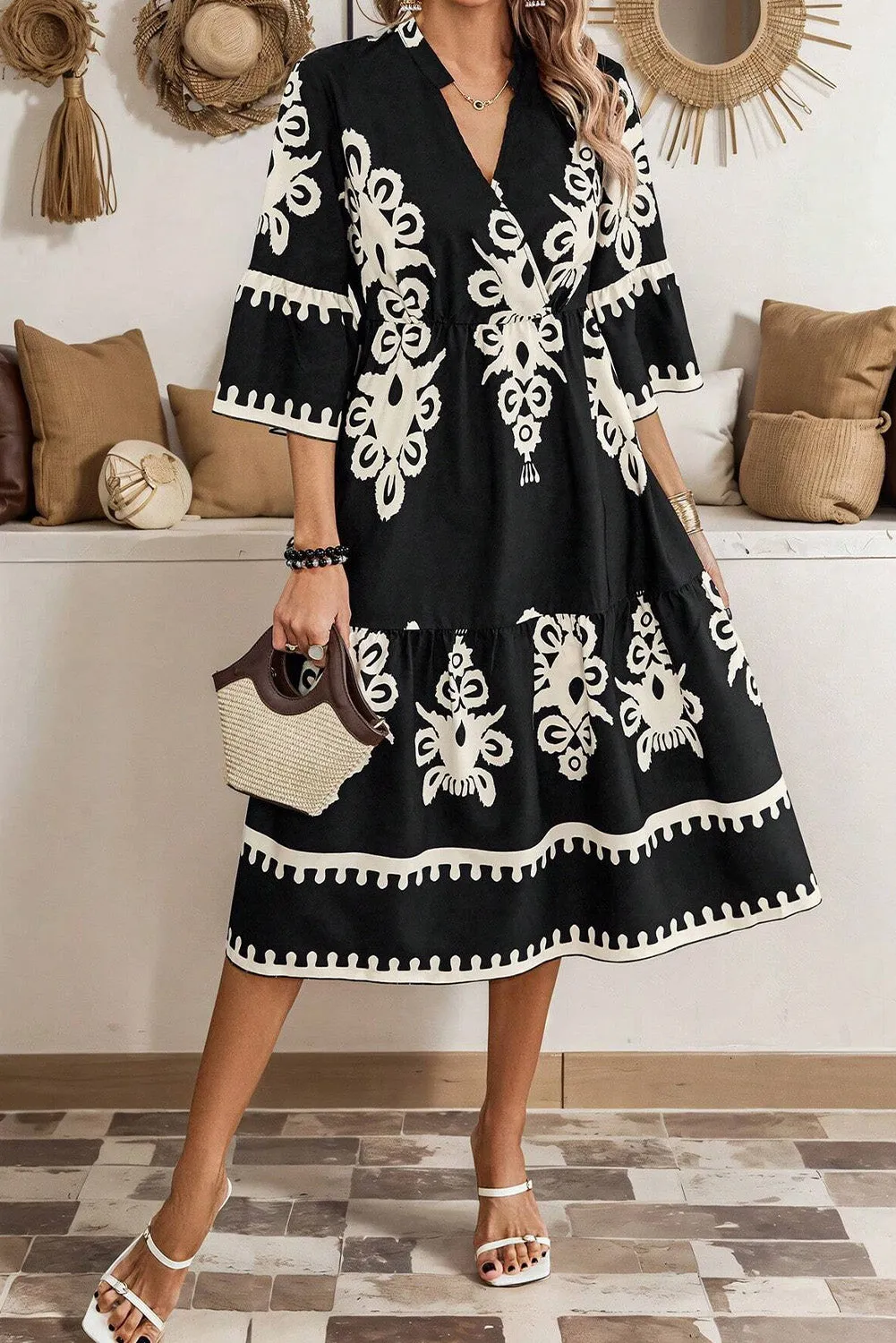KaleaBoutique Western Geometric Print 3/4 Sleeve Loose Midi Dress