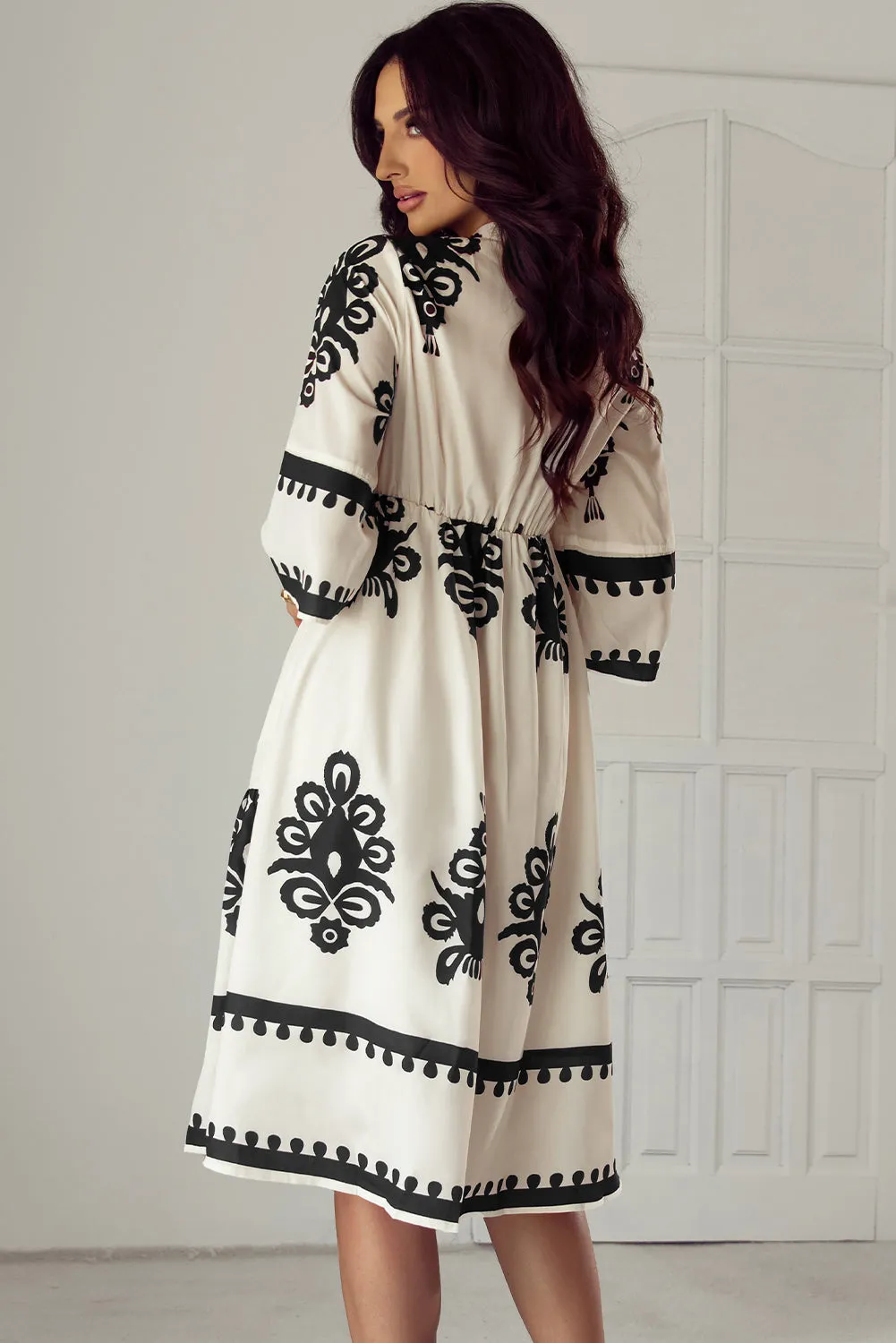 KaleaBoutique Western Geometric Print 3/4 Sleeve Loose Midi Dress
