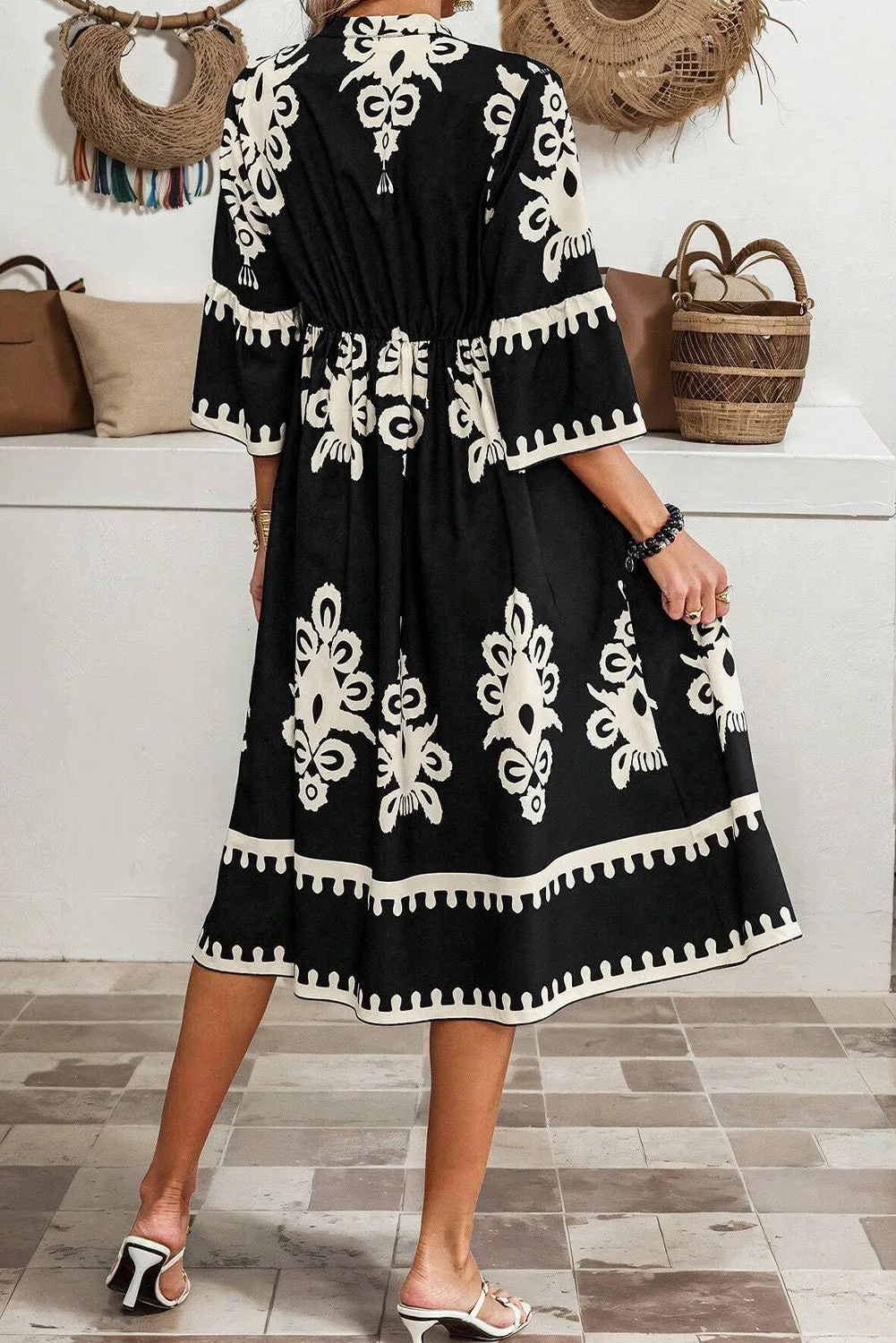 KaleaBoutique Western Geometric Print 3/4 Sleeve Loose Midi Dress