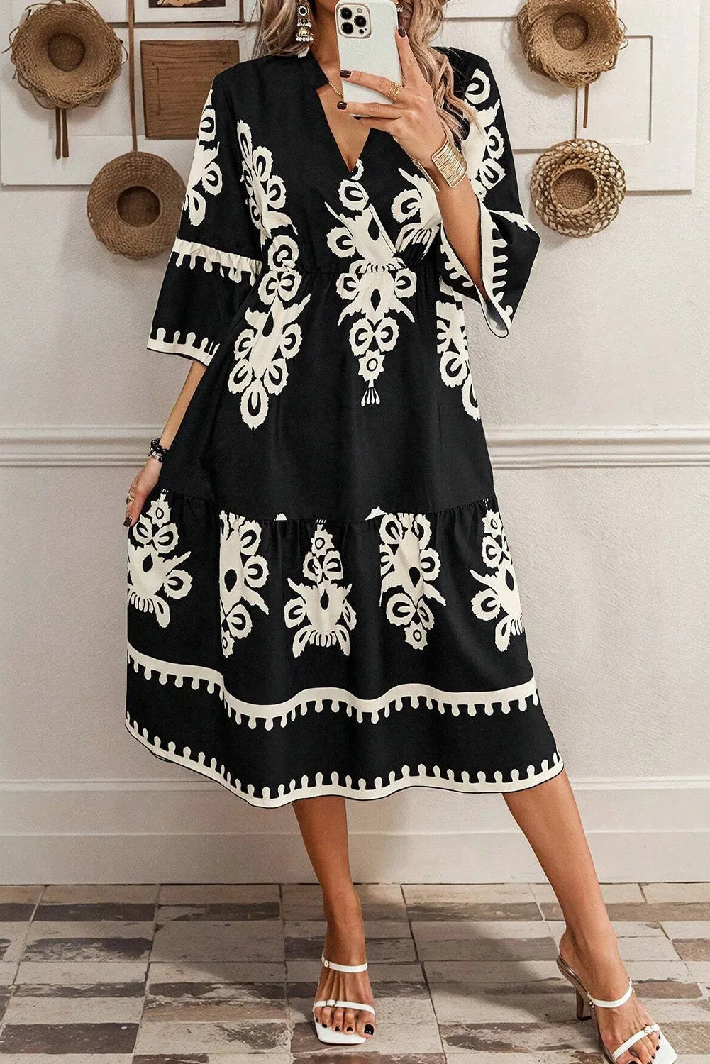 KaleaBoutique Western Geometric Print 3/4 Sleeve Loose Midi Dress