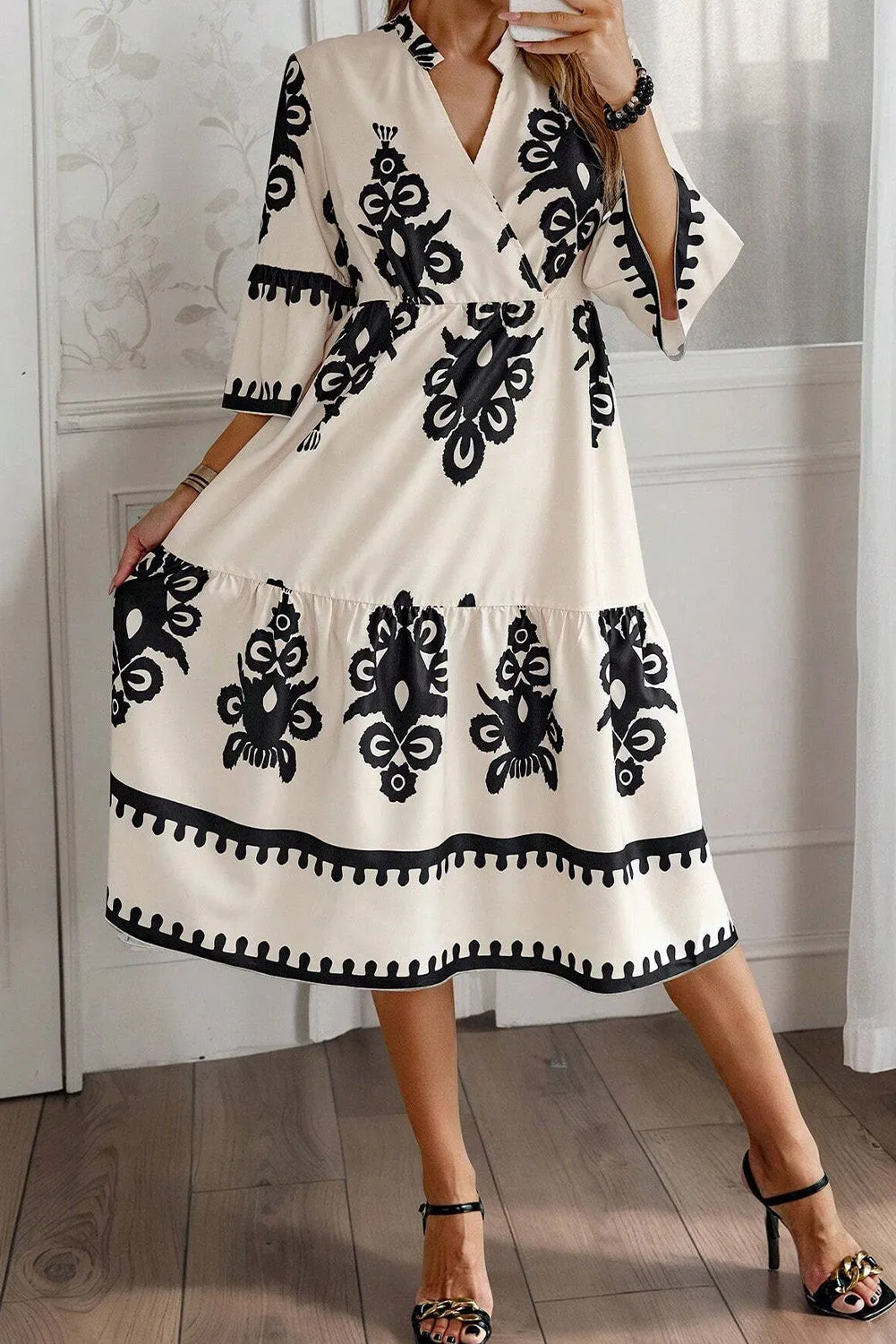 KaleaBoutique Western Geometric Print 3/4 Sleeve Loose Midi Dress