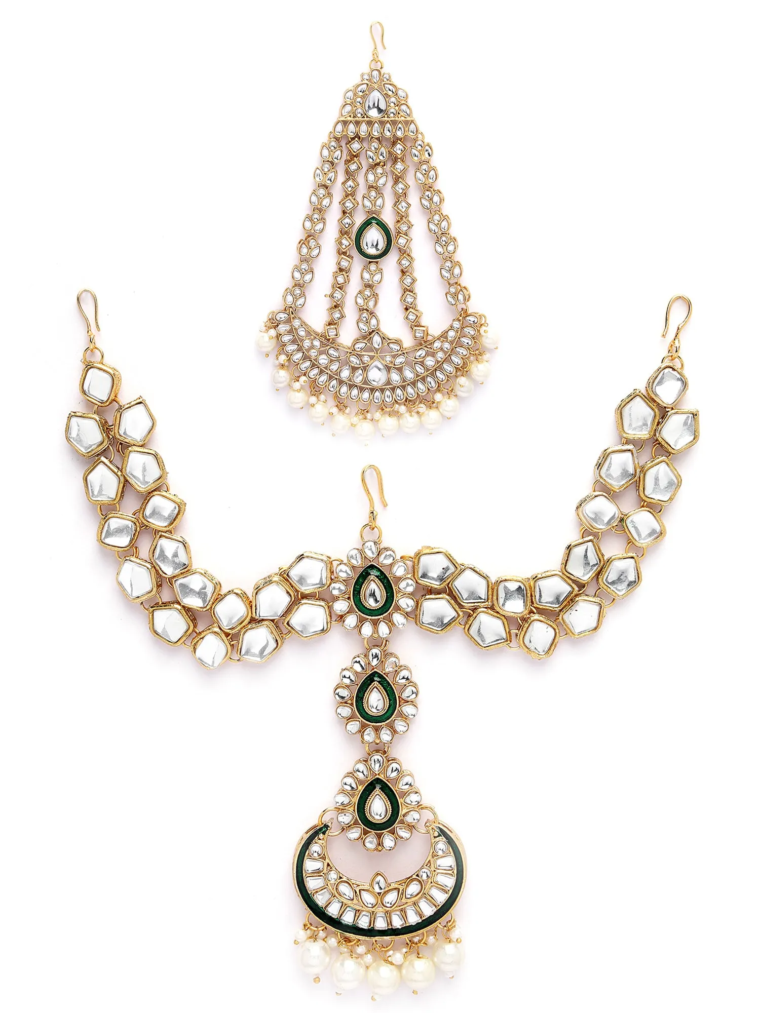 Karatcart Gold Plated Green Meena Ethnic Indian Traditional Kundan Dulhan Bridal Jewellery Set