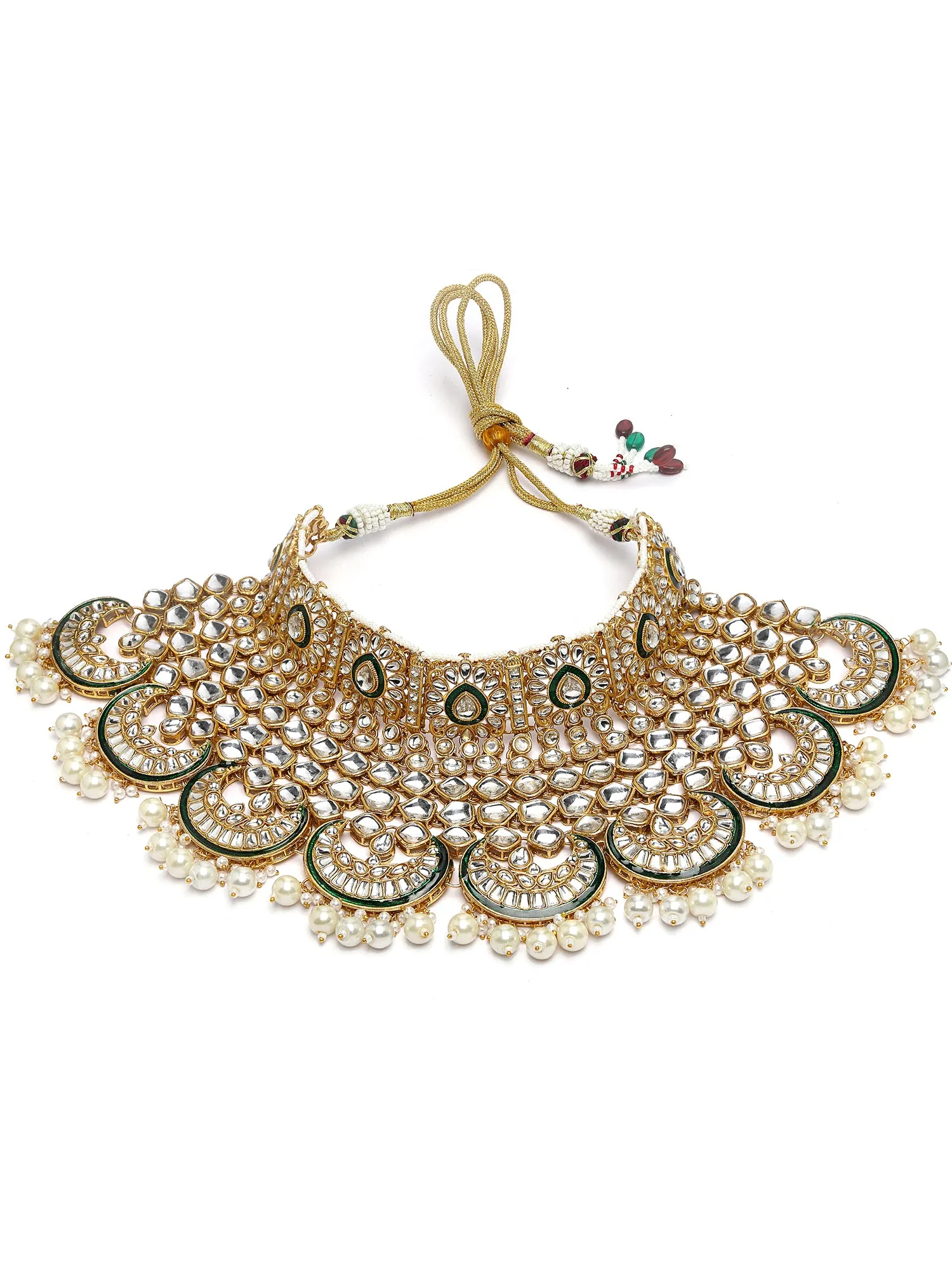 Karatcart Gold Plated Green Meena Ethnic Indian Traditional Kundan Dulhan Bridal Jewellery Set