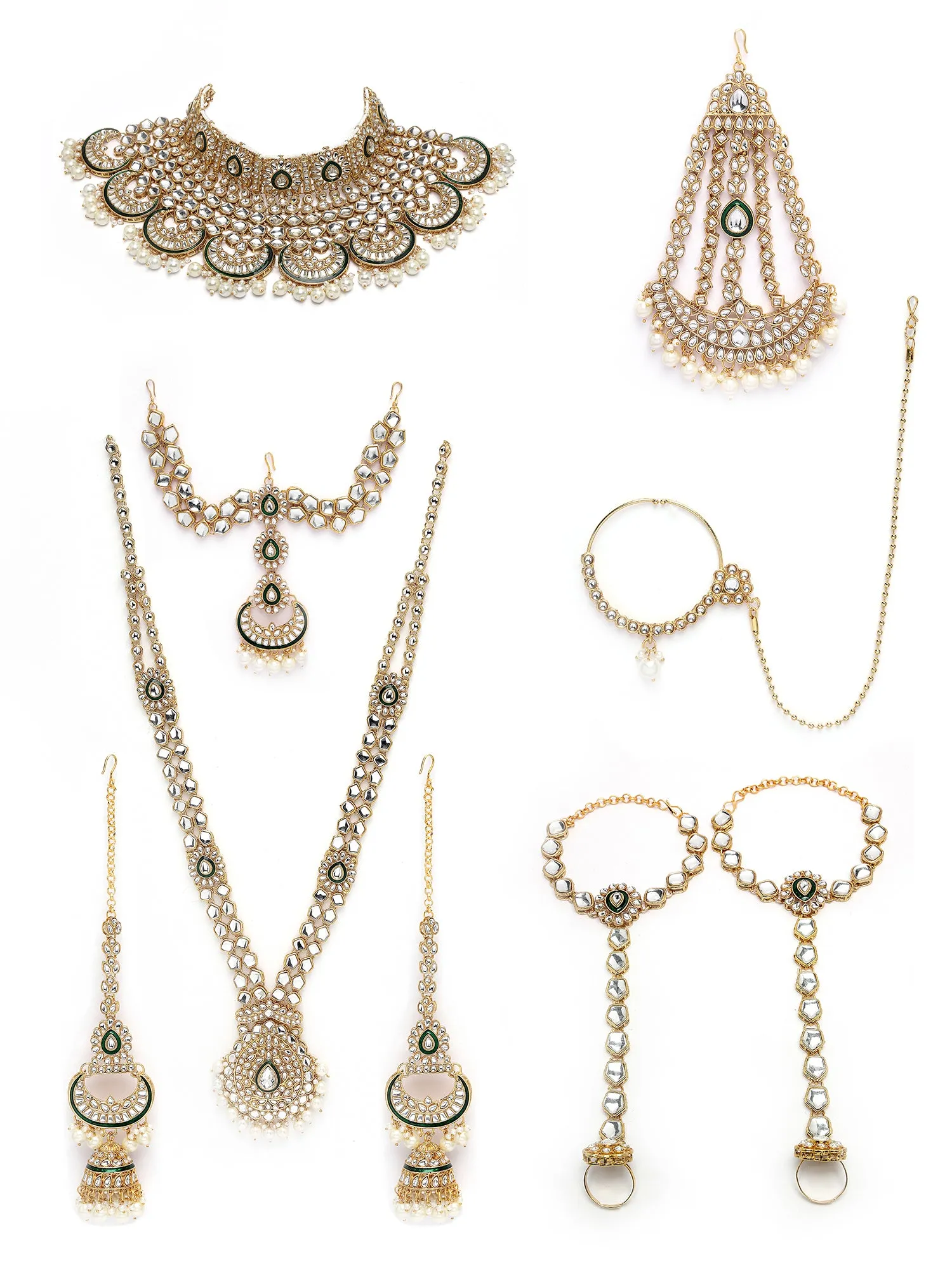Karatcart Gold Plated Green Meena Ethnic Indian Traditional Kundan Dulhan Bridal Jewellery Set