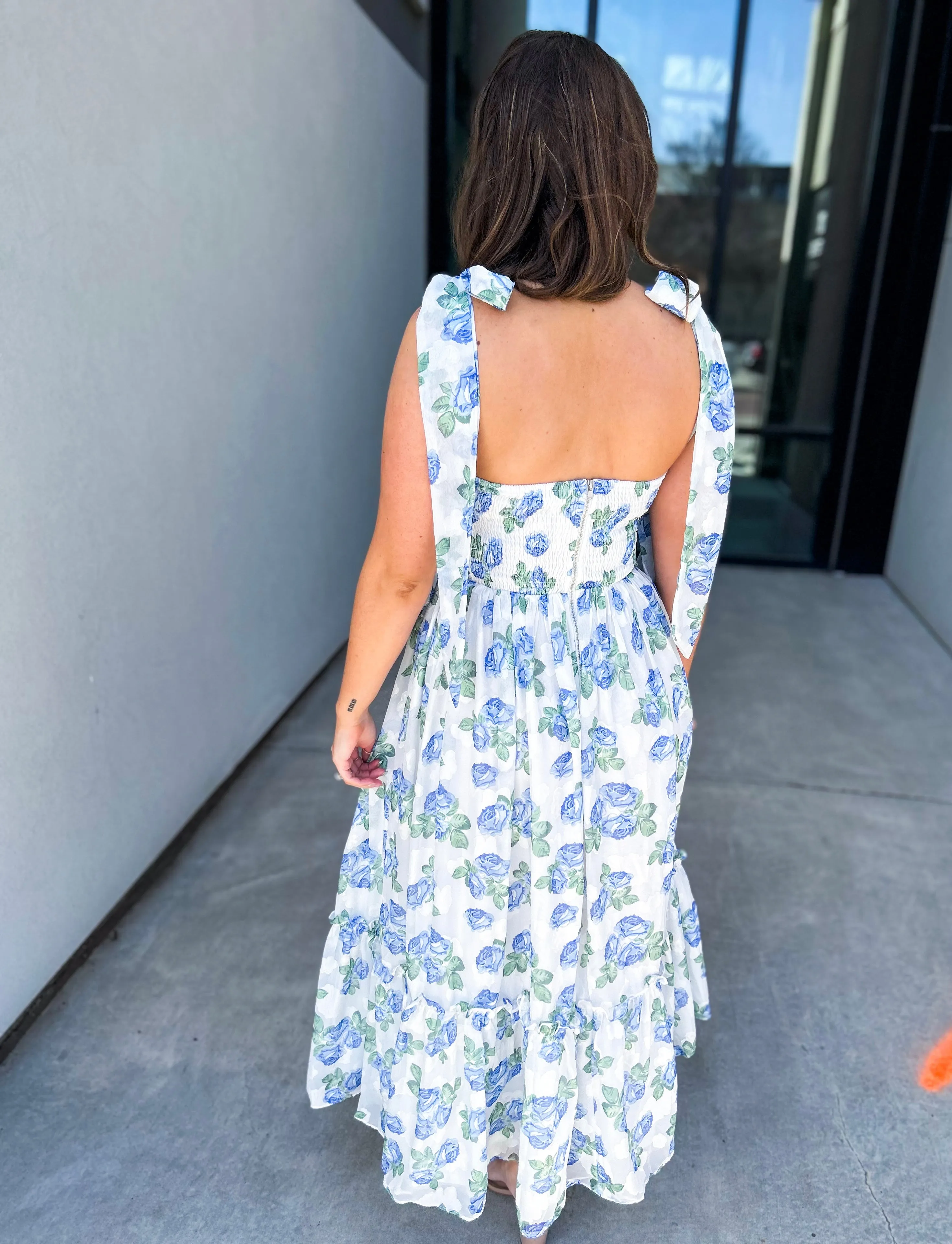 Kassy Floral Ruched Shoulder Tie Midi Dress