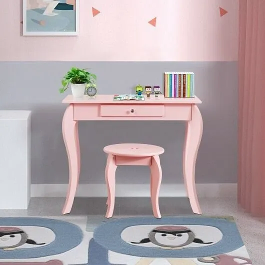 Kids Princess Makeup Dressing Play Table Set with Mirror -Pink - Color: Pink