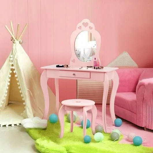 Kids Princess Makeup Dressing Play Table Set with Mirror -Pink - Color: Pink