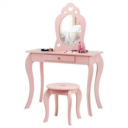 Kids Princess Makeup Dressing Play Table Set with Mirror -Pink - Color: Pink