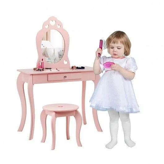Kids Princess Makeup Dressing Play Table Set with Mirror -Pink - Color: Pink