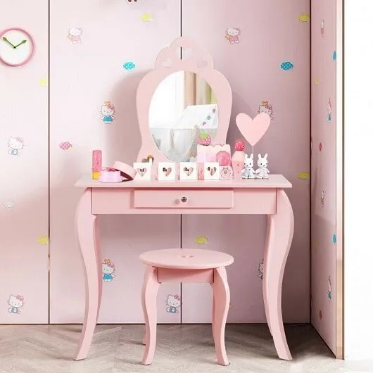 Kids Princess Makeup Dressing Play Table Set with Mirror -Pink - Color: Pink