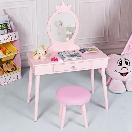 Kids Vanity Makeup Table and Chair Set Make Up Stool - Color: Pink