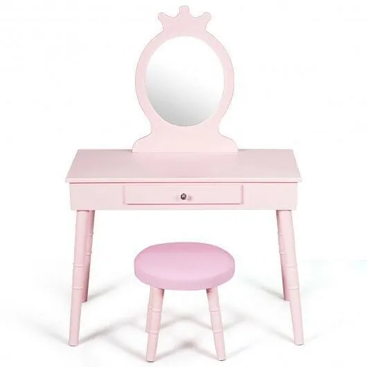 Kids Vanity Makeup Table and Chair Set Make Up Stool - Color: Pink