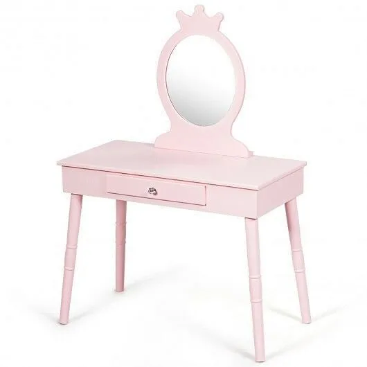 Kids Vanity Makeup Table and Chair Set Make Up Stool - Color: Pink