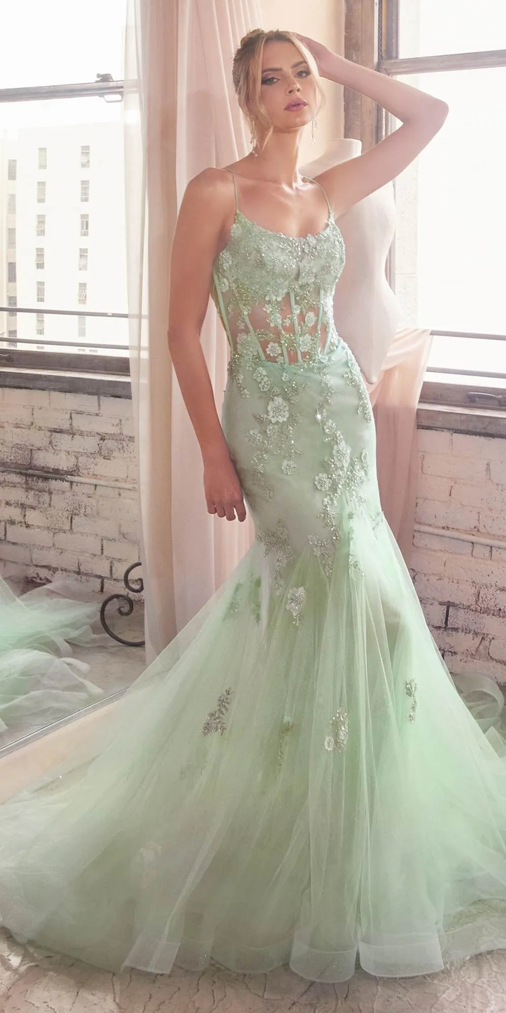 Ladivine D145 Long Sparkly Mermaid Gown Tulle Skirt Corset Back